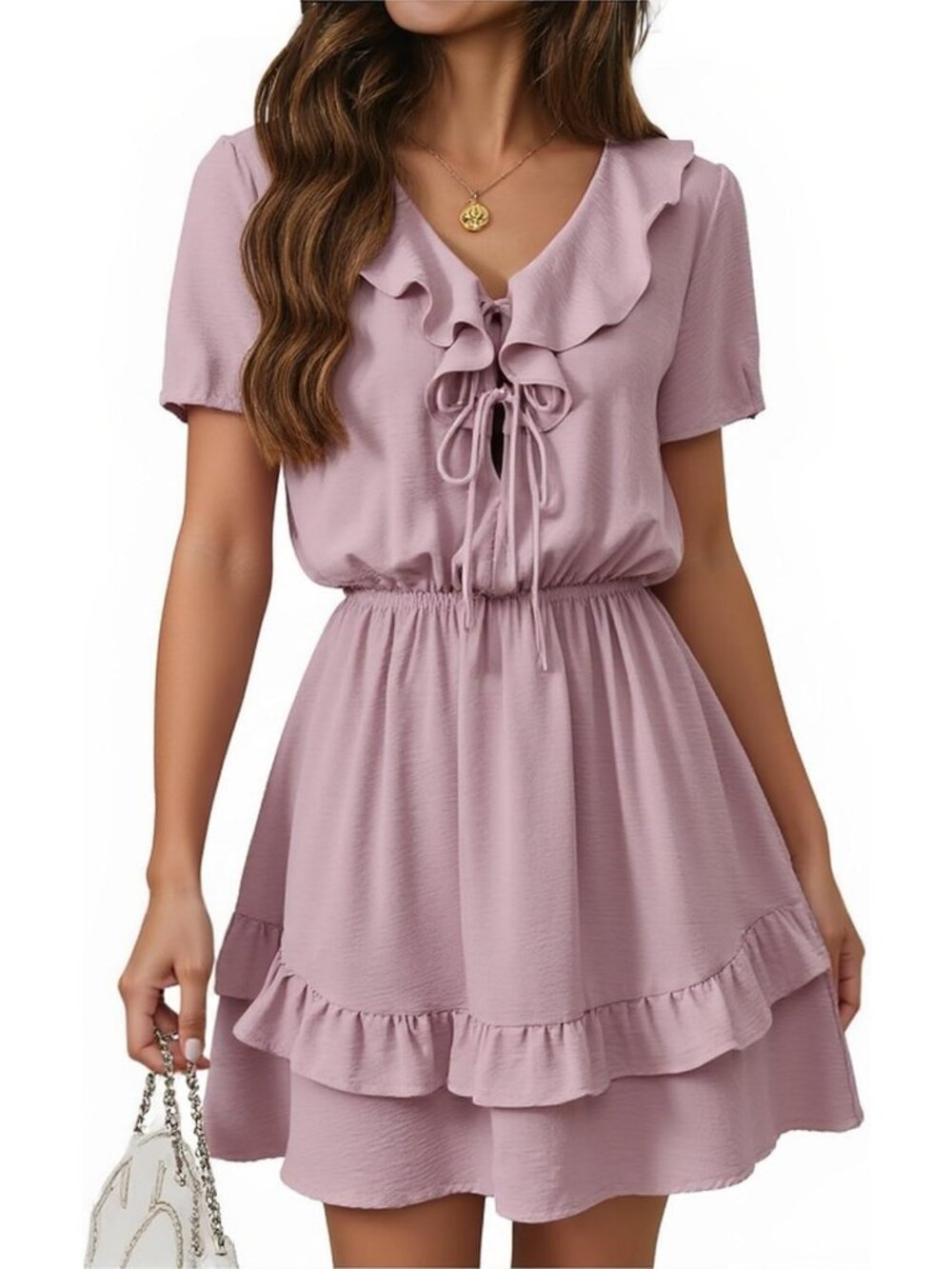 Chic Tie Front Mini Dress with V-Neck, Ruffle Hem & Pockets - Summer Style